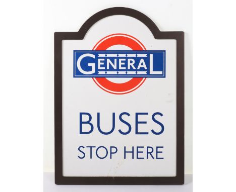 A modern heavy and good quality enamel ‘Buses Stop Here’ sign, in metal frame, 33cmWx44cmH, with vendors receipt of purchase