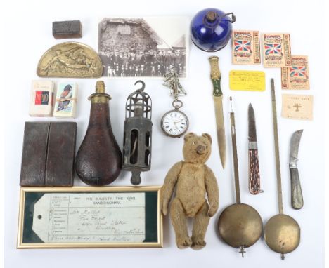 A mixed lot including an early glass fire extinguisher, an Edward VII Sandringham game tag for ‘Mrs Mallet’ with acknowledgem