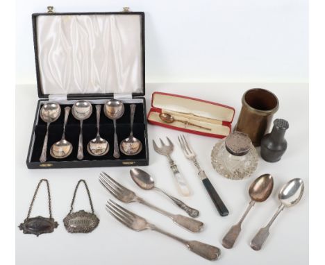 A selection of silver and silver plate, including a silver and cut glass inkwell, the lid engraved LSRV 1895 with lion rampan