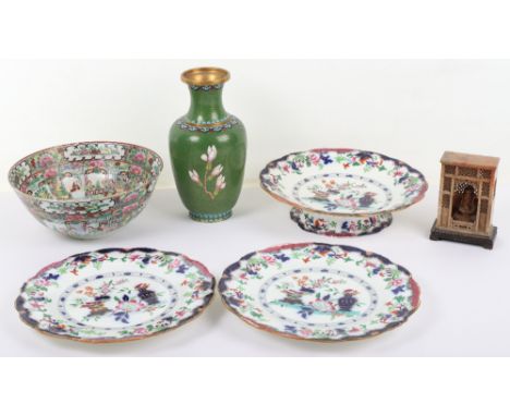 A 20th century Chinese canton famille verte bowl, 20.5cmDiam, with a Chinese brass and cloisonne enamel vase, a carved hardst