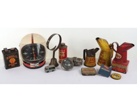 A mixed lot of Shell motor cans, Tractor oil, Shell Car Kit can, a Champion helmet clock and bicycle lamp, etc, (qty) Note: N