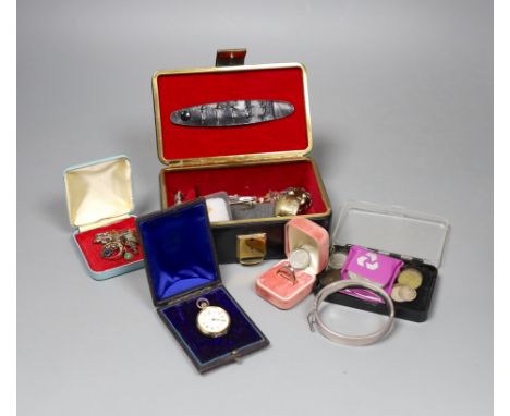 A 9ct gold ruby and diamond three stone ring, size S, a 14K gold fob watch in leather box and sundry semi-precious and costum