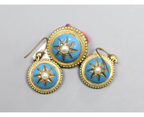 A Victorian 15ct gold pearl, blue enamel and diamond chip set target brooch, with a pair of near matching earrings (earrings 