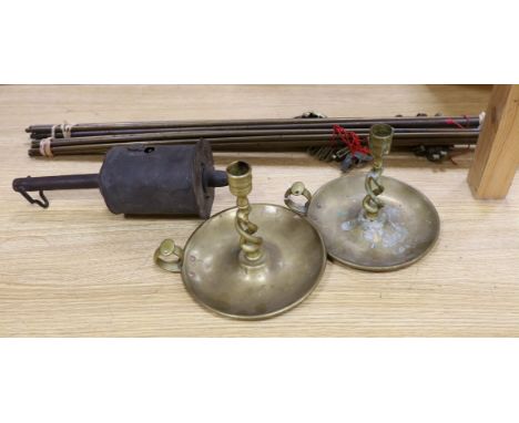 A group of mixed metalware, to include a pair of chamber sticks, a meat timer, and stair rods