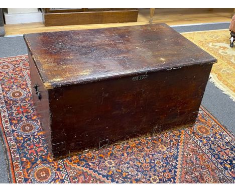 A Victorian rectangular stained pine trunk, width 94cm, depth 56cm, height 48cm.