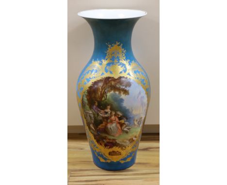 A large blue Sevres vase with sectioned botanical decor, 67cm tall
Condition:&nbsp;Neckrim with two large chips, each of whic