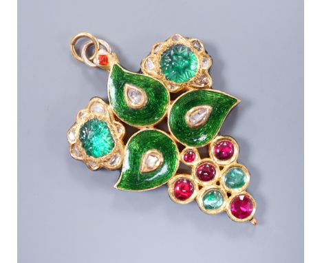 An Indian gold overlay, enamel and rose diamond foliate design pendant, 5cm, gross 15.2 grams