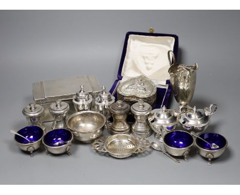 A Victorian engraved silver cream jug, Sheffield 1882, 13cm., engine-turned silver cigarette case, collection of pepper grind
