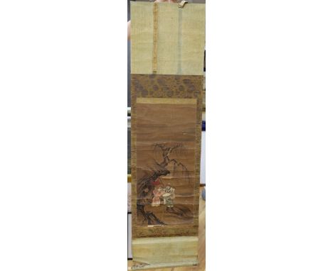A 19th century Chinese scroll painting on paper of boys in a landscape, Image 69 cm X 31.5 cm