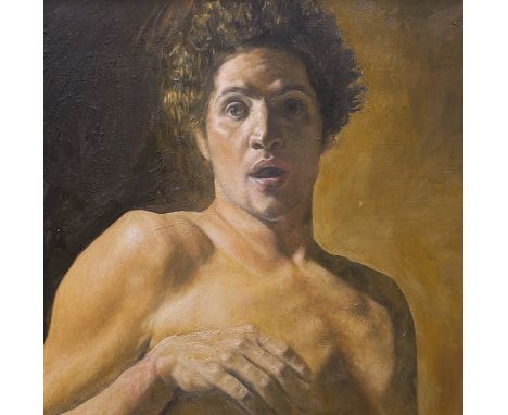 Modern British, oil on board, Portrait of a classical man, unsigned, 59 x 62cm