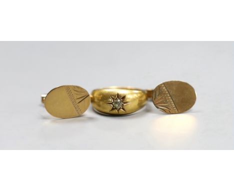 A pair of gold coloured metal cufflinks (tests as 9ct), 3 grams, and a diamond set 18ct gold ring, size N, gross 5.1 grams