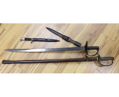 A 19th century Naval sword marked Wilkinson and a Hawks and Co. George V officer's dress sword and two bayonets