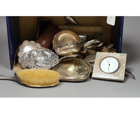 A group of assorted silver, white metal and plated wares including a pair of decanter labels, a cased Victorian knife, fork a