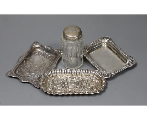 A late Victorian repousse silver 'Mr Punch' pin-tray, 10 x 8cm., Saunders &amp; Shepherd, Birmingham, 1894, 10.7cm, one other