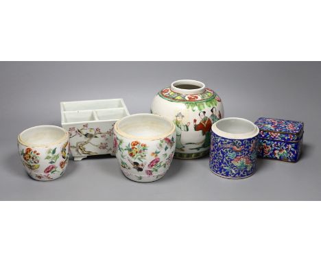 A Chinese famille verte ginger jar, together with three famille rose ceramics, a blue enamel box and cover, and a Chinese blu