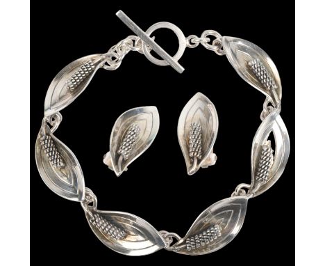 AARRE & KROGH - a a Danish modernist sterling silver floral panel bracelet and pair of clip-on earrings set, bracelet 18.5cm,