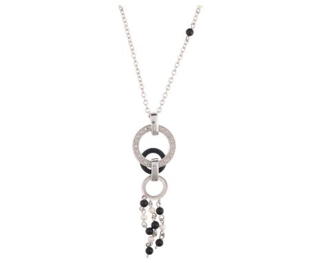 A modern 9ct white gold pearl onyx and diamond hoop drop pendant necklace, on 9ct cable link spacer chain, pendant 60.3mm, ch