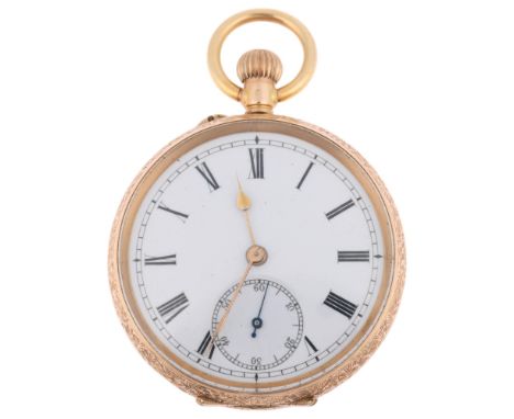 An early 20th century Swiss 14ct gold open-face keyless fob watch, white enamel dial with Roman numeral hour markers, spade h
