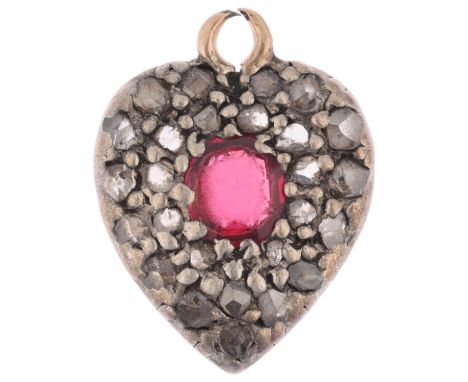 An Antique ruby and diamond heart pendant, pave set with oval mixed-cut ruby and rose-cut diamonds, apparently unmarked, 15.6