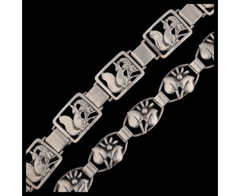 2 Art Deco Danish openwork panel bracelets, makers include C Brumberg Hansen, and C A Christensens, largest 19.5cm, 44g total