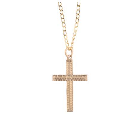 A 9ct gold cross pendant necklace, on 14ct flat curb link chain, pendant 28.1mm, chain 40cm, pendant 0.7g, chain 2gNo damage 