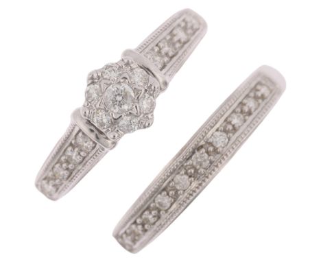 A 9ct white gold diamond engagement and half eternity ring set, total diamond content approx 0.25ct, size J, 4.1g, boxedNo da