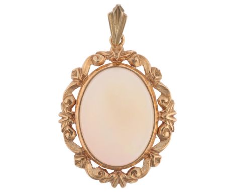 A late 20th century 9ct gold opal drop pendant, maker HBJ, London 1979, rub-over set with oval cabochon opal, within foliate 