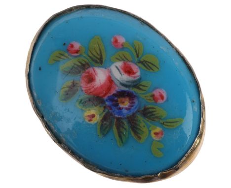 A Vintage blue porcelain roses panel ring, unmarked silver-gilt settings, setting height 25.4mm, size N, 6.5gPanel is quite p
