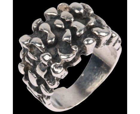 SAMUEL JAROM - a Danish brutalist sterling silver abstract ring, setting height 14.8mm, size N, 12.1gGeneral wear to high poi