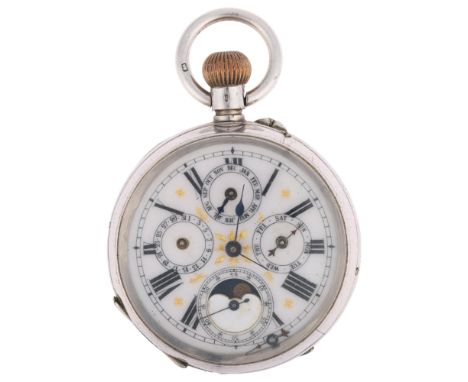 A Continental silver moonphase triple calendar open-face keyless pocket watch, white enamel dial with Roman numeral hour mark