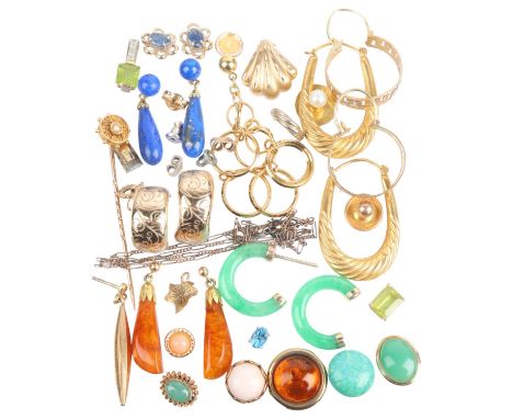 Various jewellery, including 15ct gold pearl stickpin, 9ct gold lapis drop earrings, etc, 37.4g grossLot sold as seen unless 