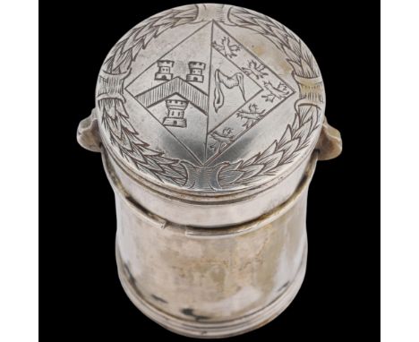 A 17th century silver counter box, cylindrical form with engraved armorial crest within wreath, and bayonet cap, 4.5cmGeneral