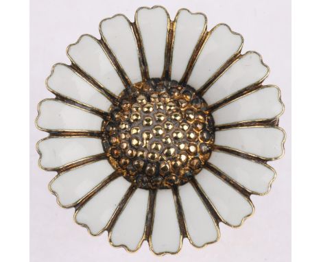 BERNHARD HERTZ - a a Danish modernist sterling silver-gilt white enamel daisy pattern brooch, 29.4mm, 6.6gNo damage or repair