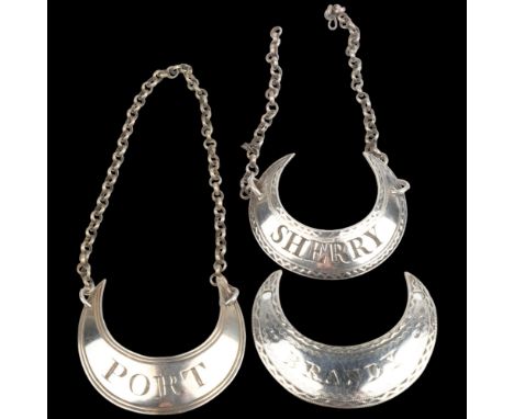 3 George III silver crescent decanter labels, comprising Sherry, by Peter & Jonathan Bateman, Port, by William Knight II, and