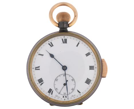 An early 20th century gunmetal quarter repeater open-face keyless pocket watch, white enamel dial with Roman numeral hour mar