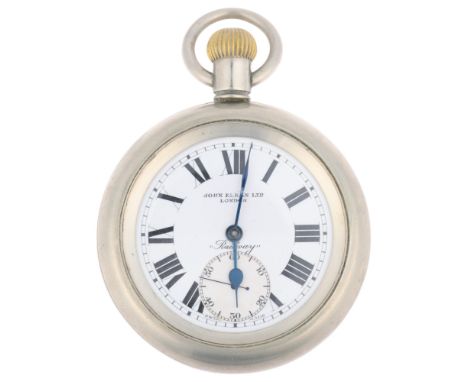 An early 20th century nickel "Railway" open-face keyless pocket watch, by John Elkan Ltd of London, white enamel dial with Ro