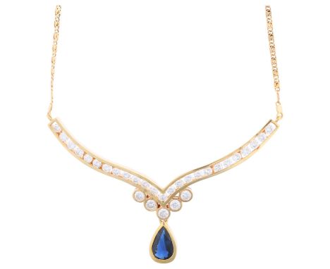 A Continental 18ct gold sapphire and diamond collar pendant necklace, by Balestra, set with pear-cut sapphire, modern round b