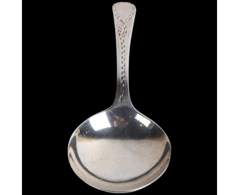 A George III silver Old English pattern tea caddy spoon, John Lambe, London 1782, bright-cut engraved handle, 8.5cmNo damage 