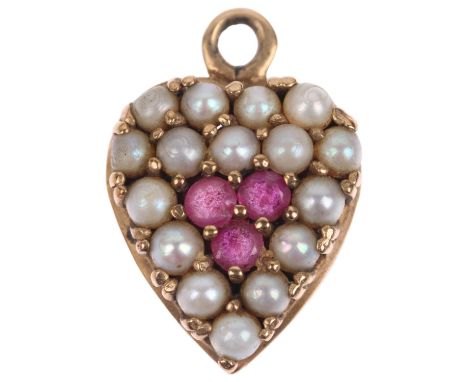 An Antique ruby and pearl heart pendant, apparently unmarked, 17.7mm, 1.9gNo damage or repair, all stones present, unmarked 
