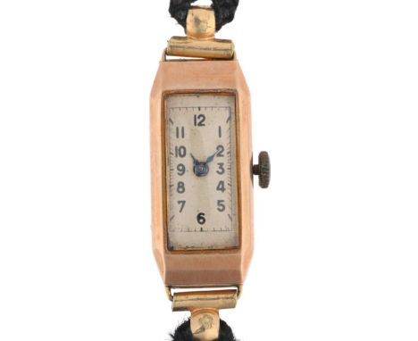 An Art Deco lady's 9ct rose gold mechanical cocktail wristwatch, silvered dial with black Arabic numerals, blued steel hands 
