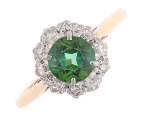 An 18ct gold green tourmaline and diamond flowerhead cluster ring, platinum-topped set with round-cut tourmaline and single-c