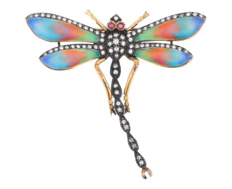 An 18ct gold ruby diamond and enamel figural dragonfly brooch, in the Victorian style, set with round cabochon ruby eyes, sin