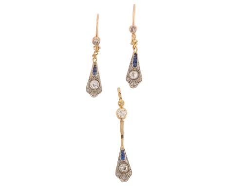 An Art Deco sapphire and diamond matching pendant and earring set, the matching lobed drops set with graduated calibre-cut sa