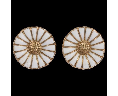 GEORG JENSEN - a pair of Danish modernist sterling silver-gilt white enamel daisy pattern earrings, with stud fittings, 11.5m