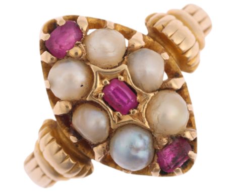 An early 20th century 15ct gold ruby and pearl marquise cluster ring, maker AA, no Birmingham date letter, setting height 15.