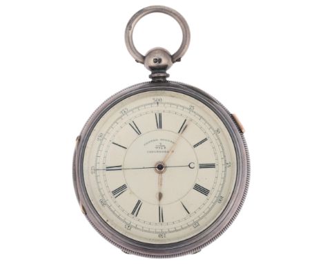 A 19th century silver open-face key-wind doctor's type centre seconds chronograph pocket watch, white enamel dial with Roman 