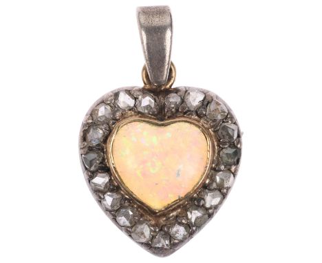 An Antique opal and diamond heart cluster pendant, set with heart cabochon opal, surrounded by rose-cut diamonds, apparently 