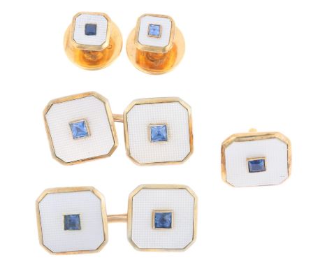 An Art Deco 9ct and 18ct gold sapphire and mother-of-pearl dress set, maker GAF, comprising pair of cufflinks, pair of dress 