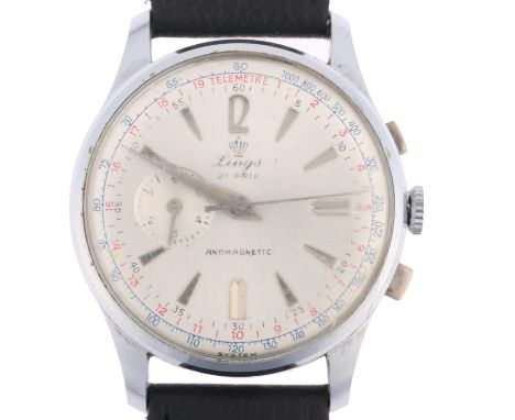 LINGS - a Vintage stainless steel mechanical chronograph wristwatch, circa 1950s, silvered dial with arrowhead hour markers, 