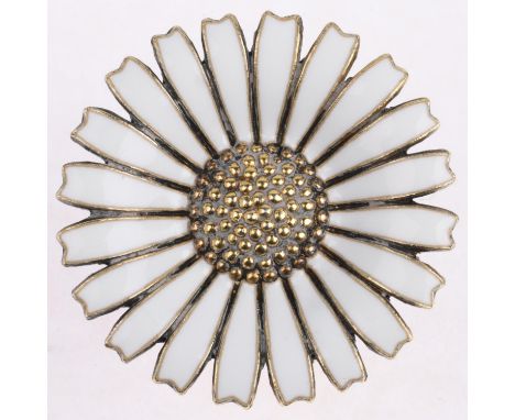 ANTON MICHELSEN - a a Danish modernist sterling silver-gilt white enamel daisy pattern brooch, 32.2mm, 9.8gNo damage or repai
